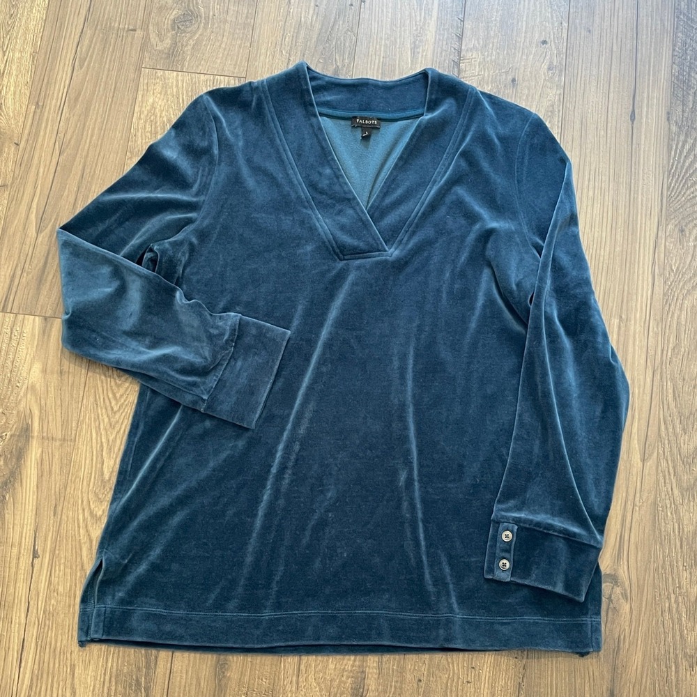 Talbots Womens Teal Blue Velour V-Neck Pullover Top Long Sleeve Size L